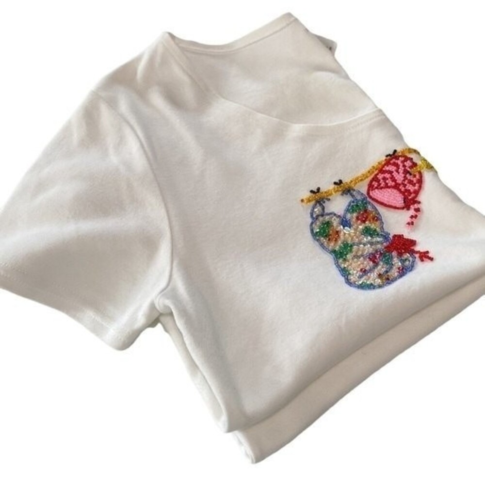 PARADISO Clothes Line Beaded Short Sleeve Cropped Tee Top Cotton Scoop Neck Cute - Picture 11 of 11